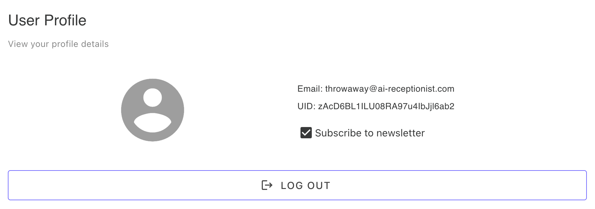 User profile overview showing email, internal user ID, newsletter subscription settings, and logout button