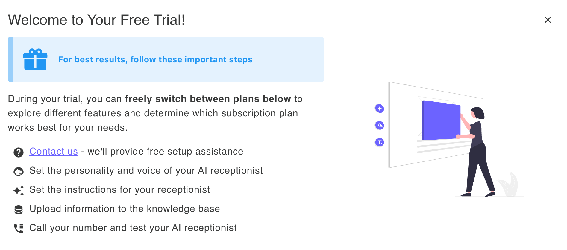 Welcome information box with onboarding tips: customize your greeting, add instructions, upload knowledge, tune personality, test your AI, forward calls (optional), and contact support for personalized help with setup