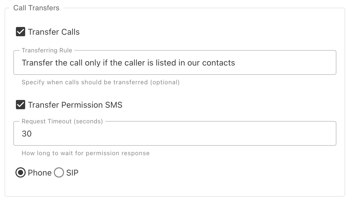 Call transfer settings - configure whether you want call transfers enabled, set transfer rules, enable transfer permission SMS notifications, adjust timeout settings, and choose between phone network or SIP/VoIP network for receiving transfers