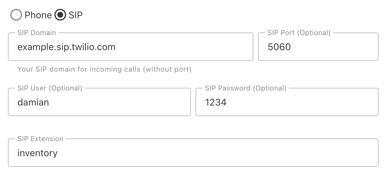 SIP settings - enable SIP/VoIP integration by configuring your SIP host address, username, password, and extension for advanced phone system integration